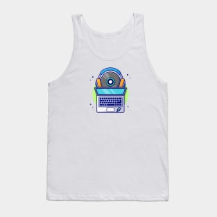 Laptop with Vinyl and Headphones Cartoon Vector Icon Illustration Tank Top